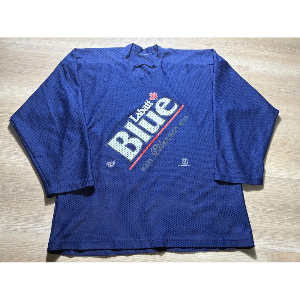 Vintage 1995 Labatt Blue Beer Hockey Jersey Mesh Blue Long Sleeve XL 90s Canada